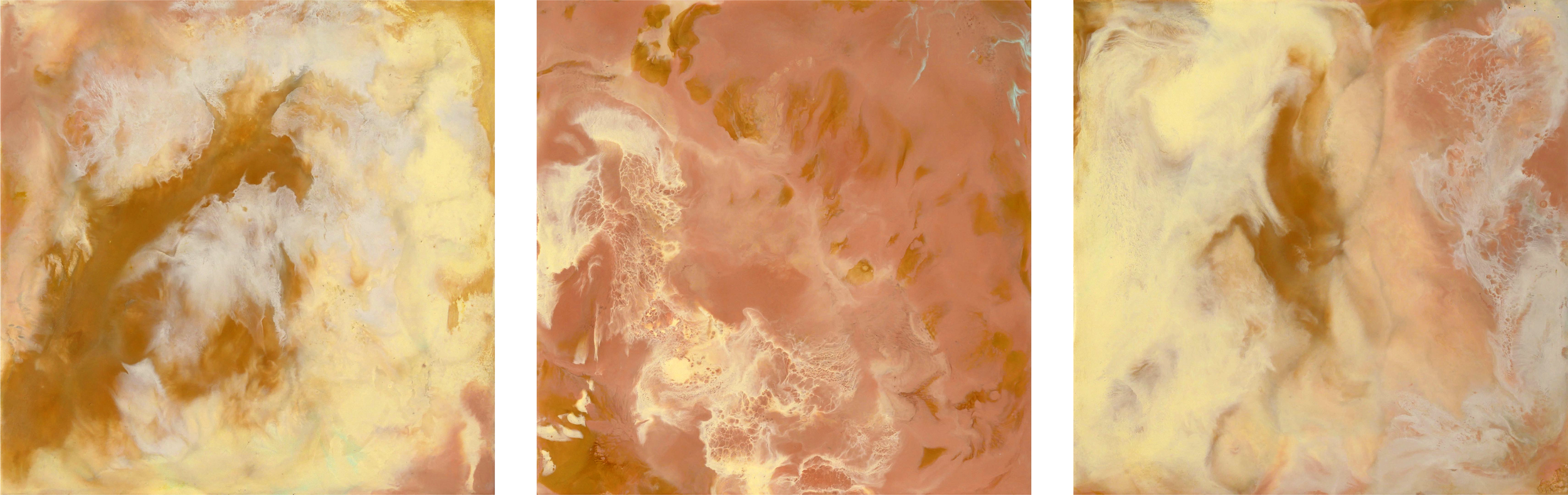 Abstract marble art featuring swirls of beige, white, and brown colors across three panels.
