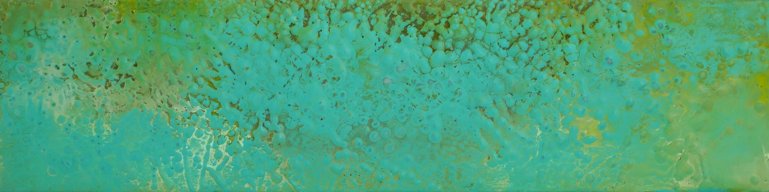 Abstract pattern with shades of turquoise and yellow, resembling a textured surface with bubble-like formations.