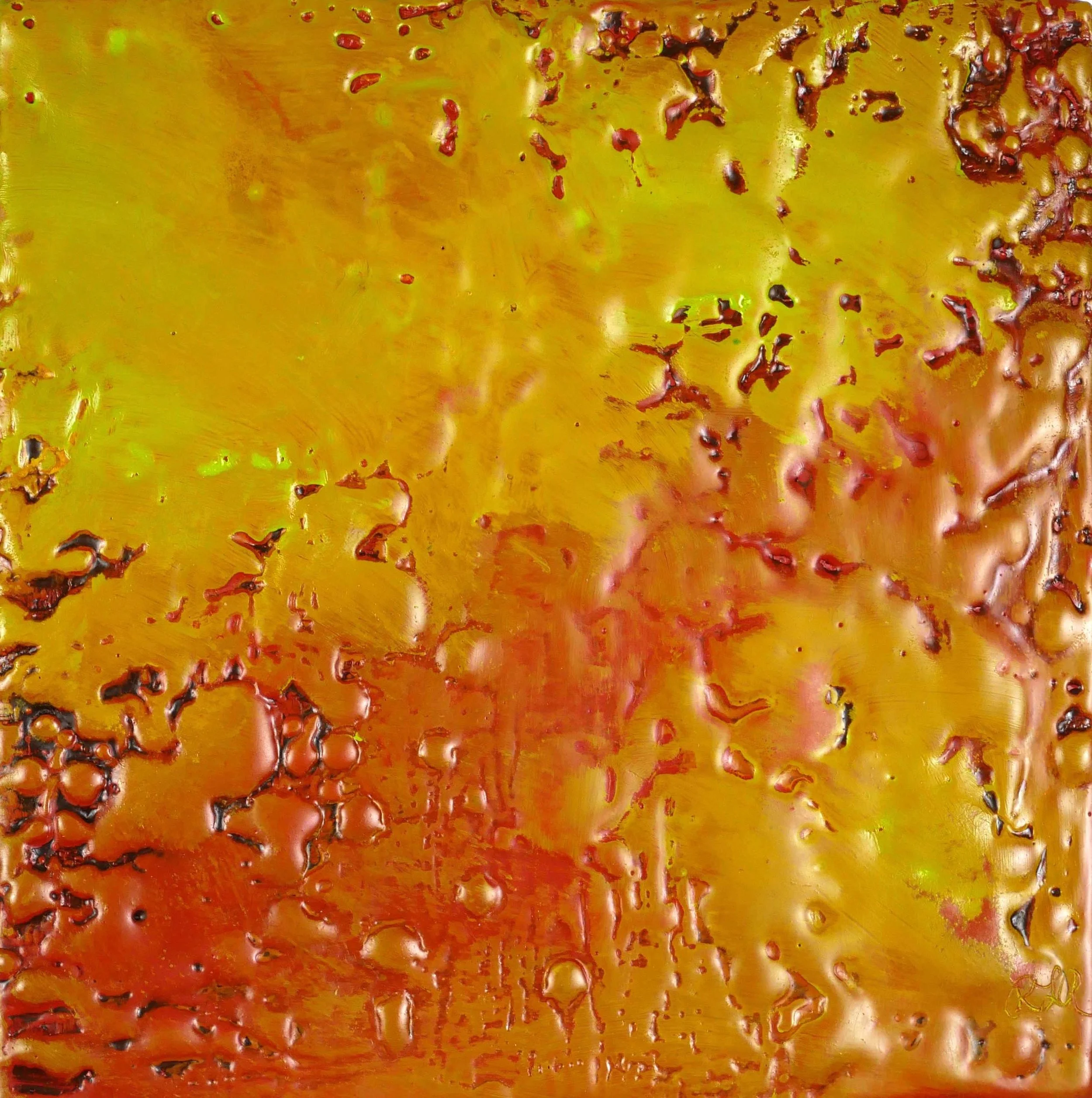 Abstract artwork with yellow, orange, and red textures and glossy, uneven surface.