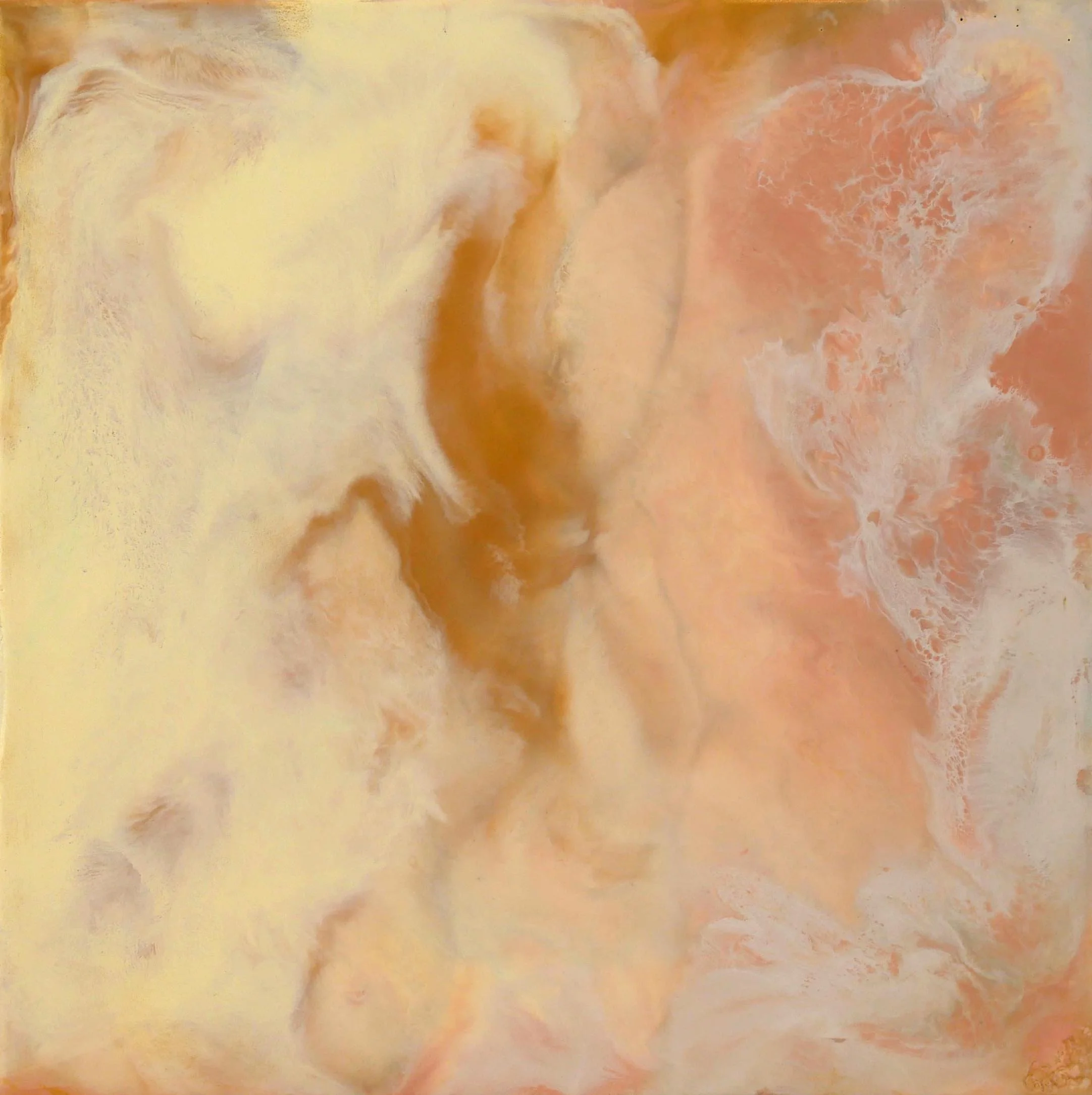 Abstract painting with swirls of soft yellow, pink, orange, and white colors.