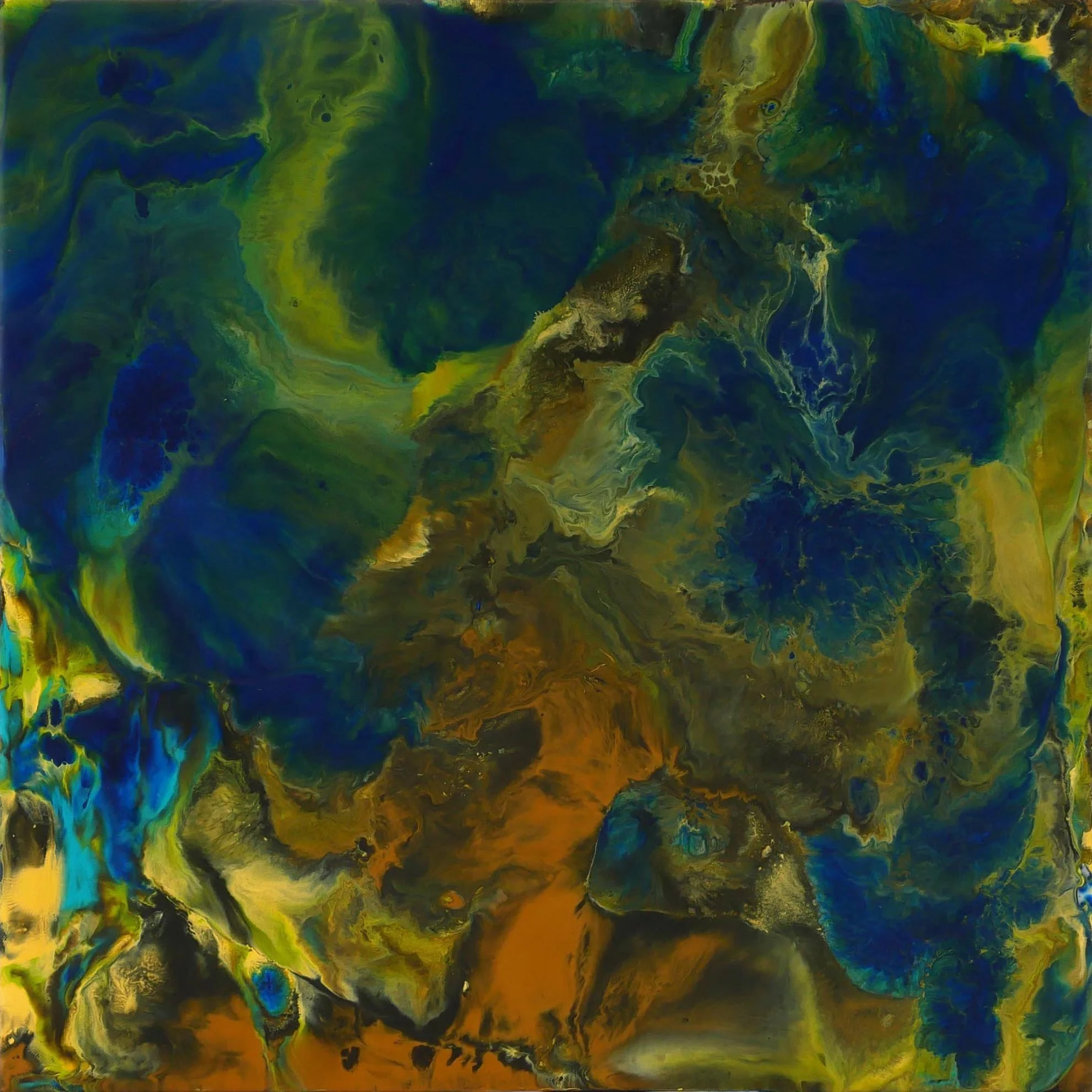 Abstract painting with swirling shades of green, blue, yellow, and orange.