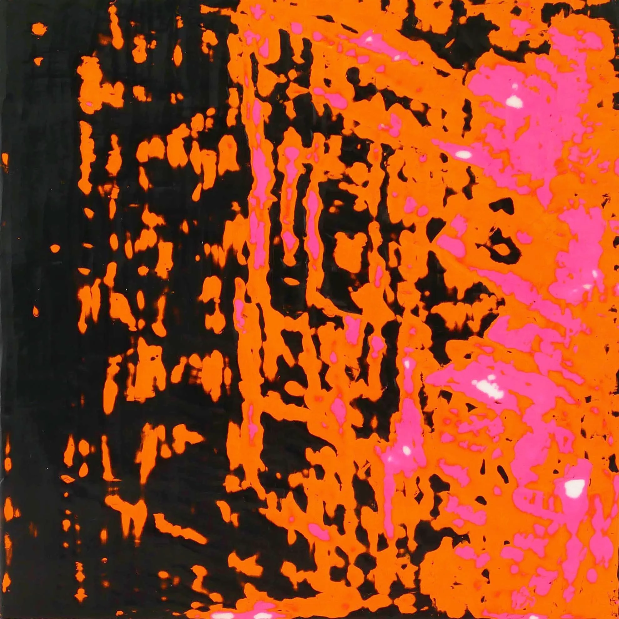 Abstract artwork featuring black, orange, and pink splatters and streaks on a canvas.
