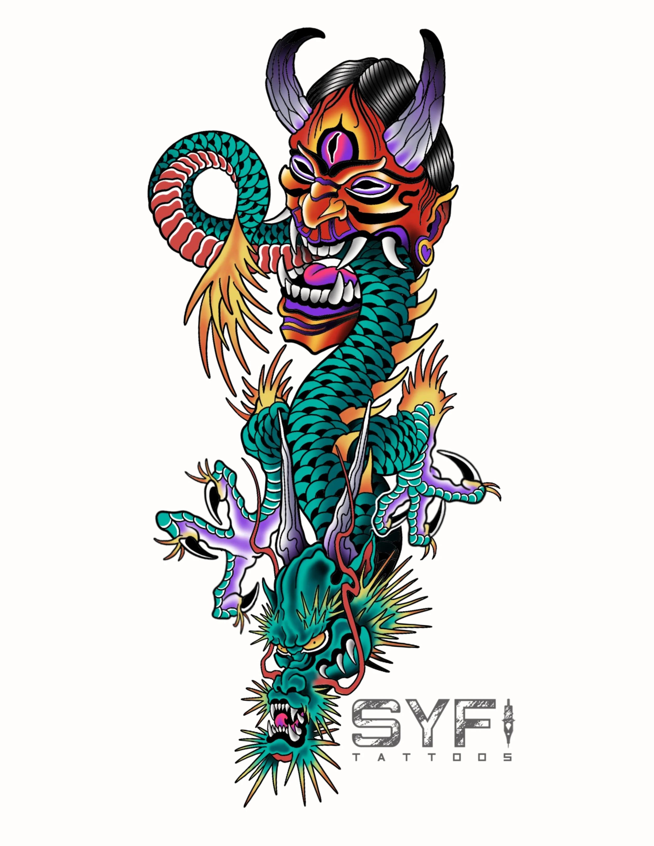Traditional Japanese dragon hanya mask tattoo design NYC