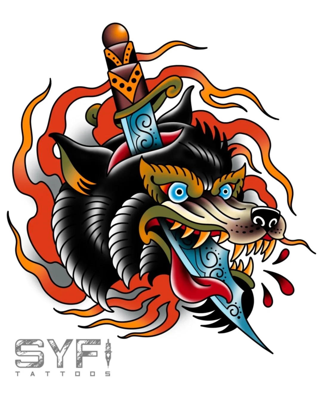 Traditional wolf head dagger tattoo flash NYC