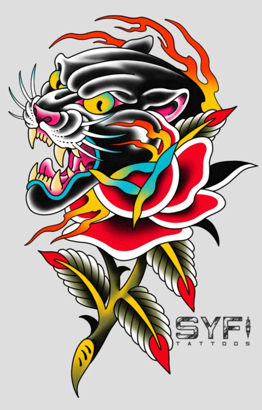 Traditional panther head tattoo flash design NYC