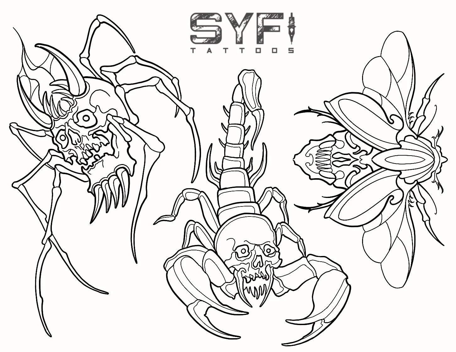Neotraditional spider skull tattoo flash
Neotraditional scorpion skull tattoo flash
Neotraditional skull moth tattoo flash
NYC 