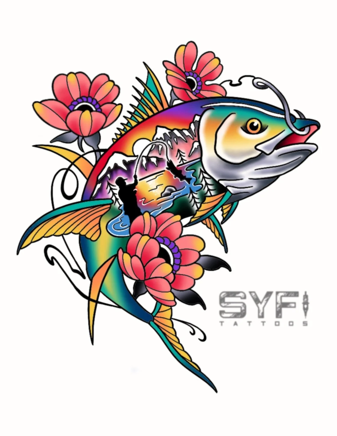 Neotraditional Fishing tattoo design NYC
