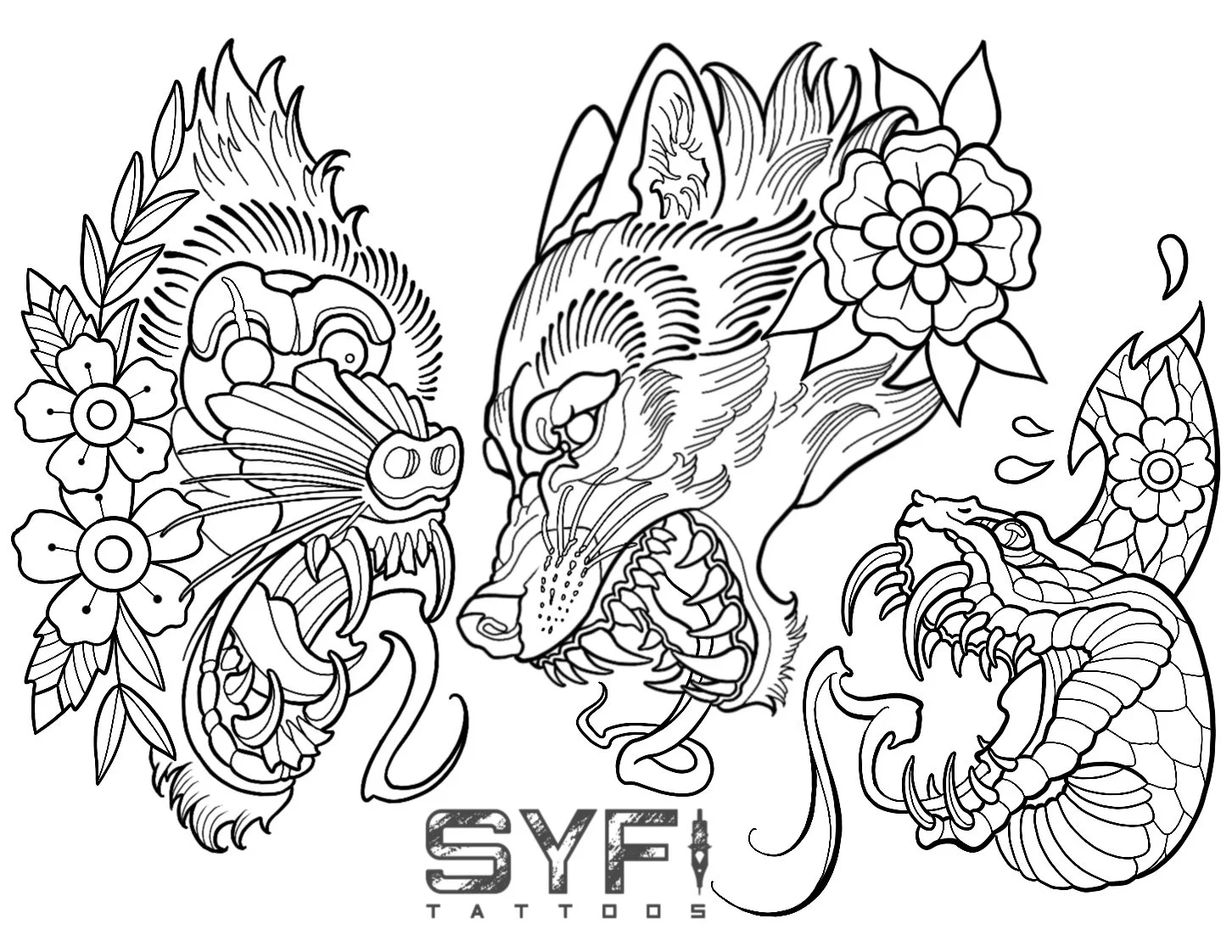Neotraditional baboon tattoo flash
Neotraditional wolf head tattoo flash
Neotraditional snake head tattoo flash
NYC 