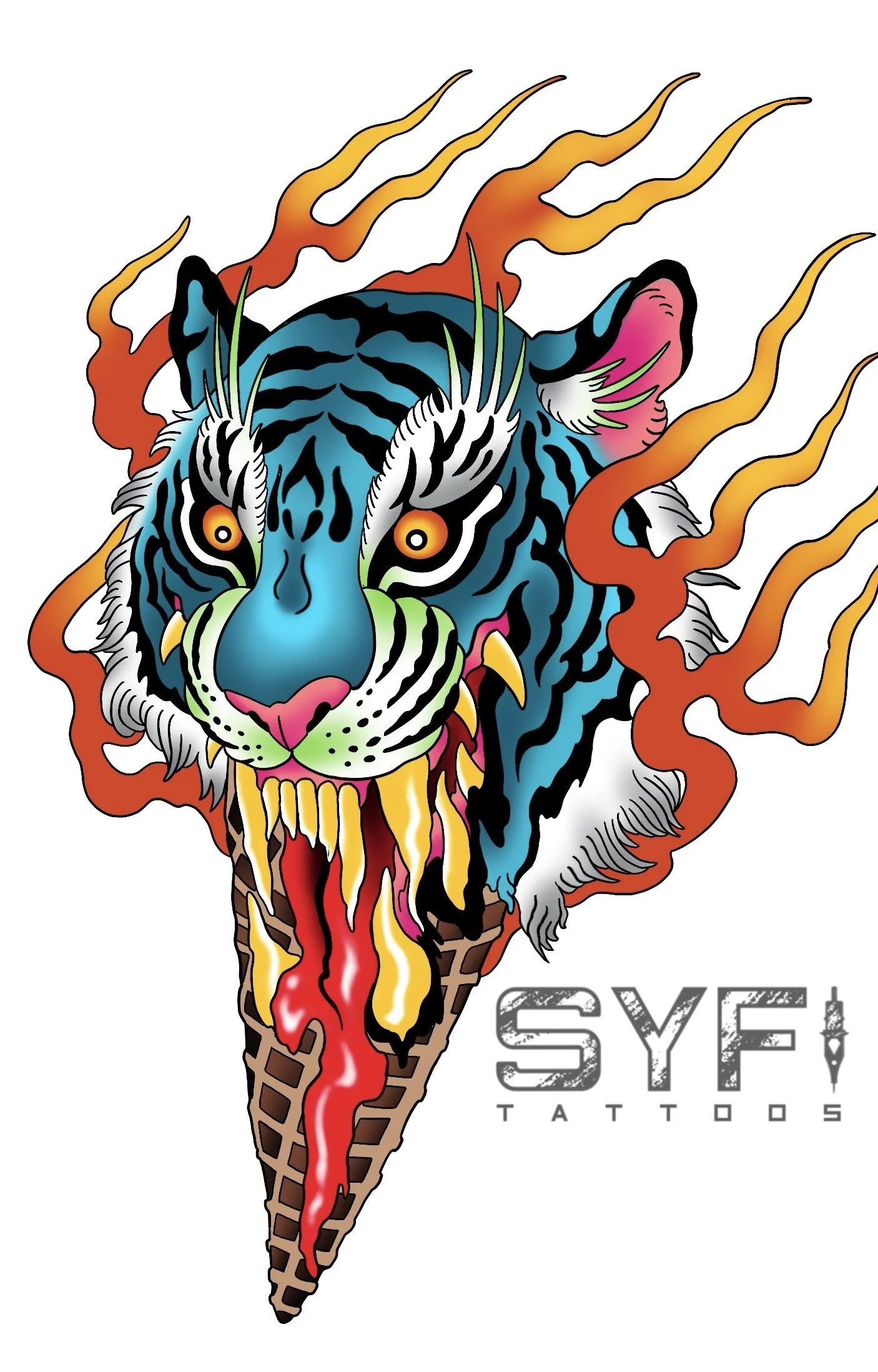 Neotraditional tiger head tattoo flash design NYC