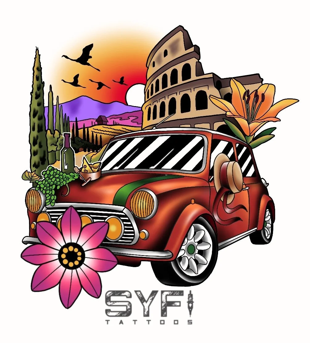 Neotraditional Italy landscape tattoo design NYC