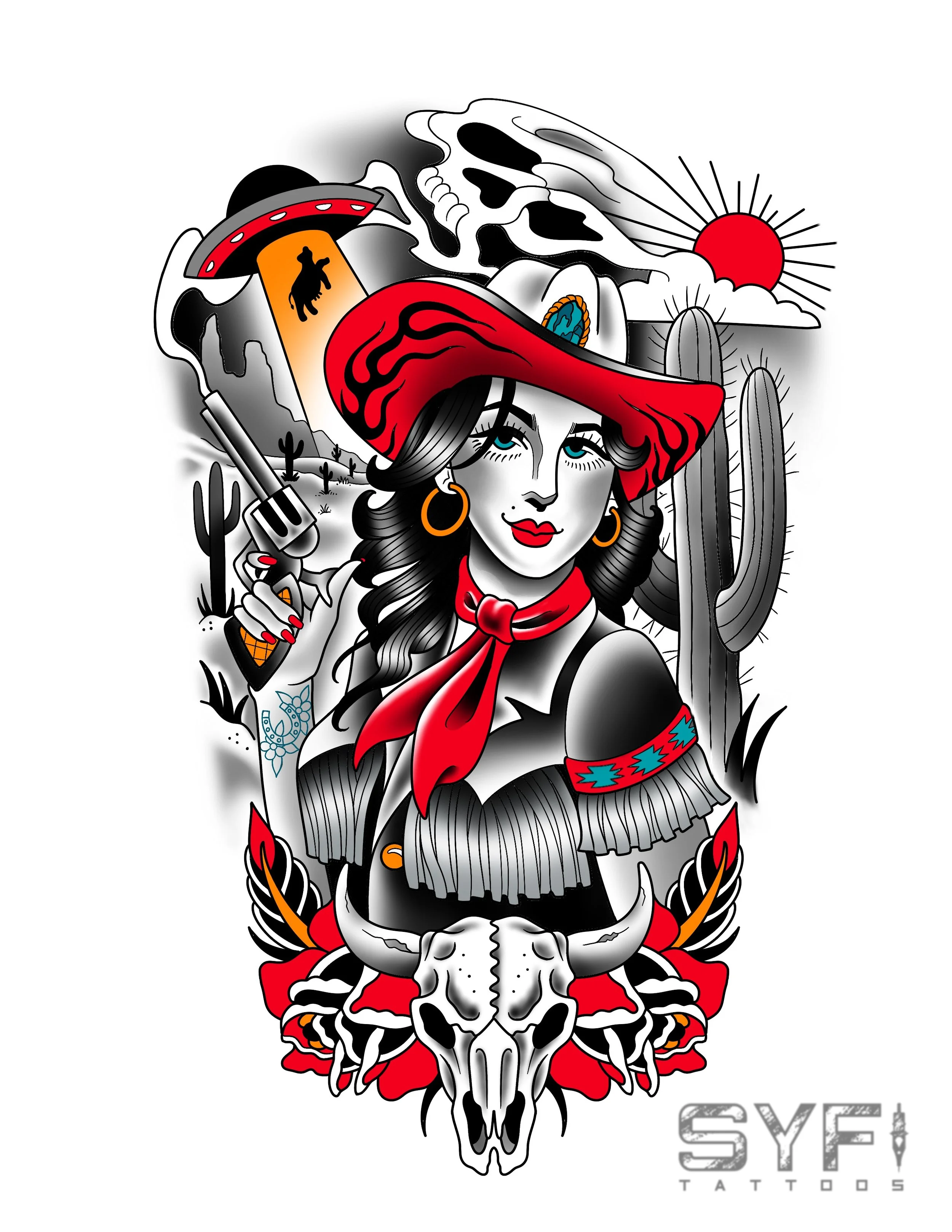 Western Cowgirl Traditional tattoo design NYC