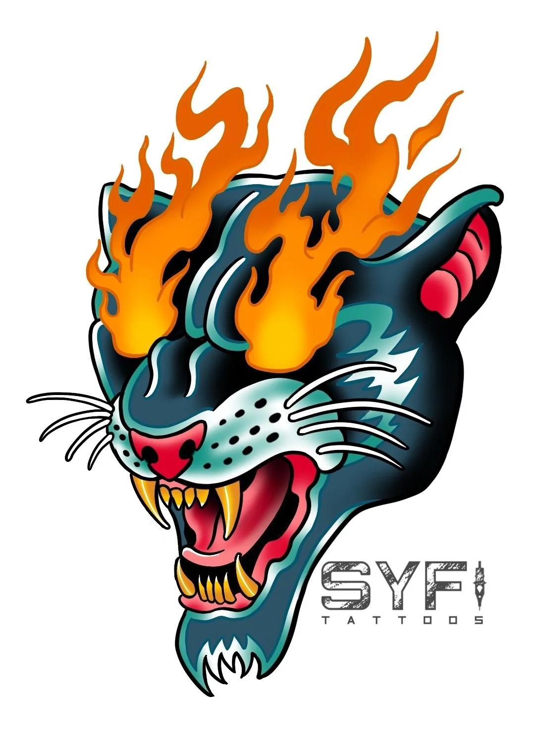 Traditional panther head tattoo flash design NYC