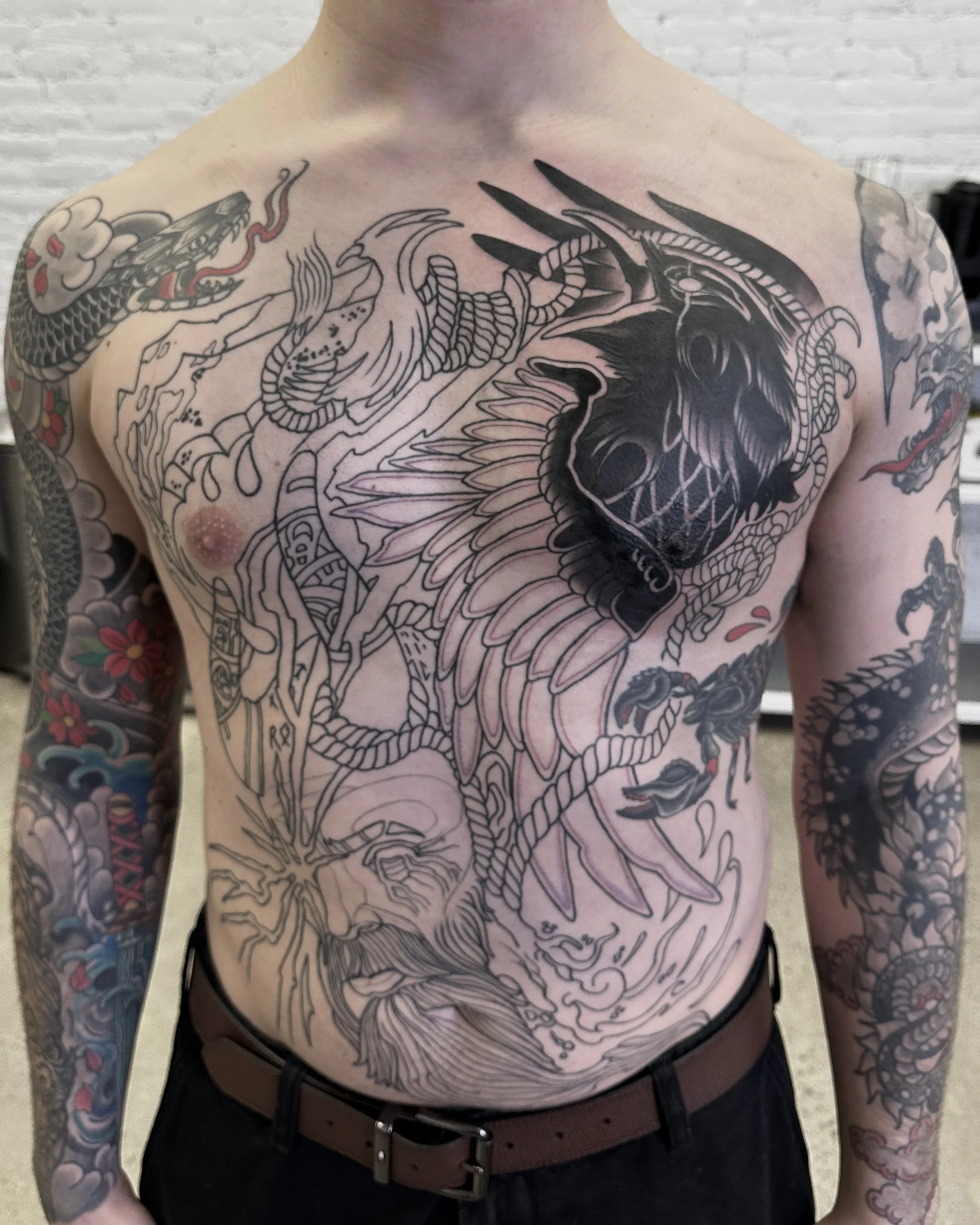 In Progress: God of War neotraditional front panel tattoo