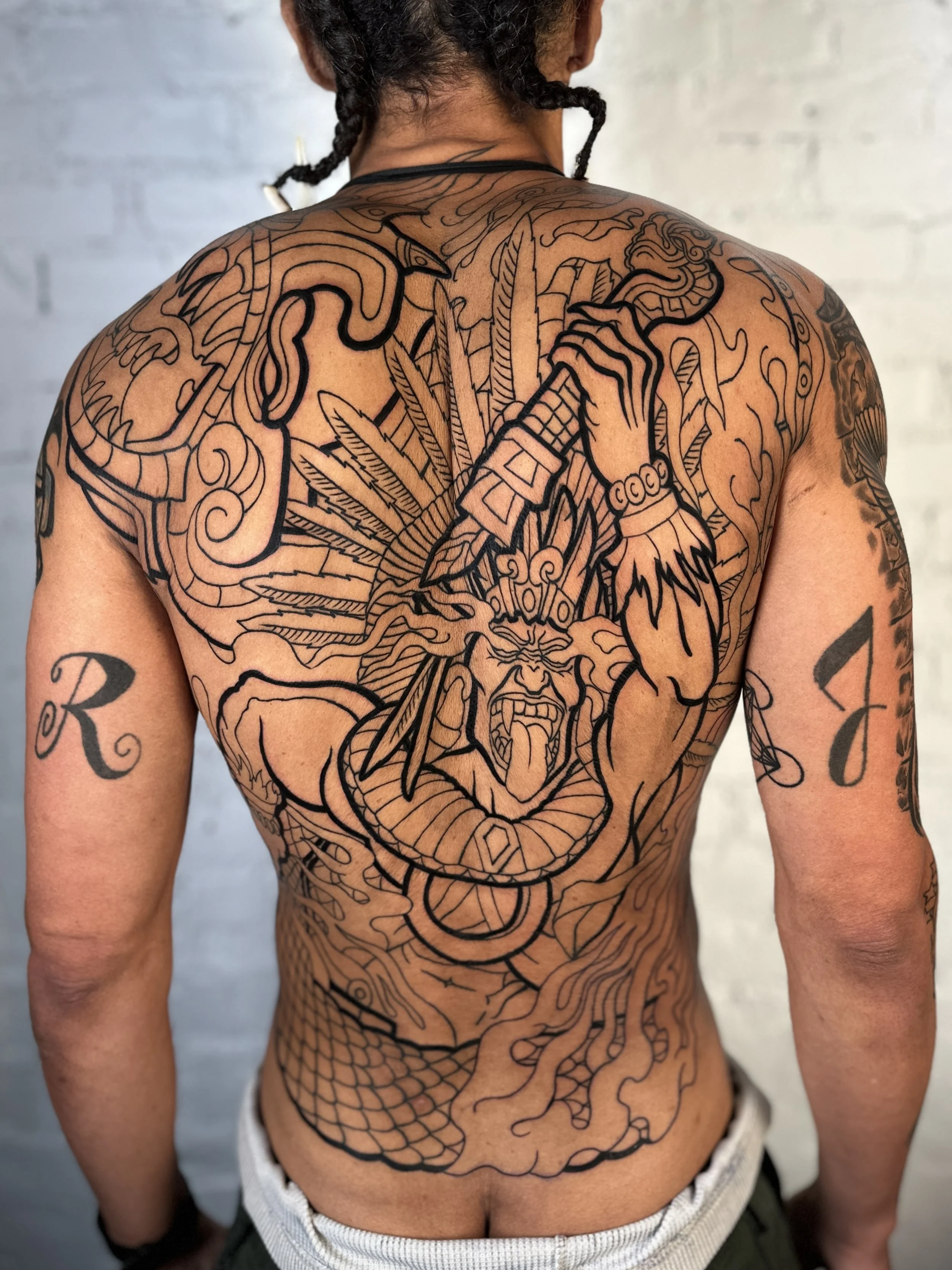 In Progress: Aztec warrior full backpiece tattoo