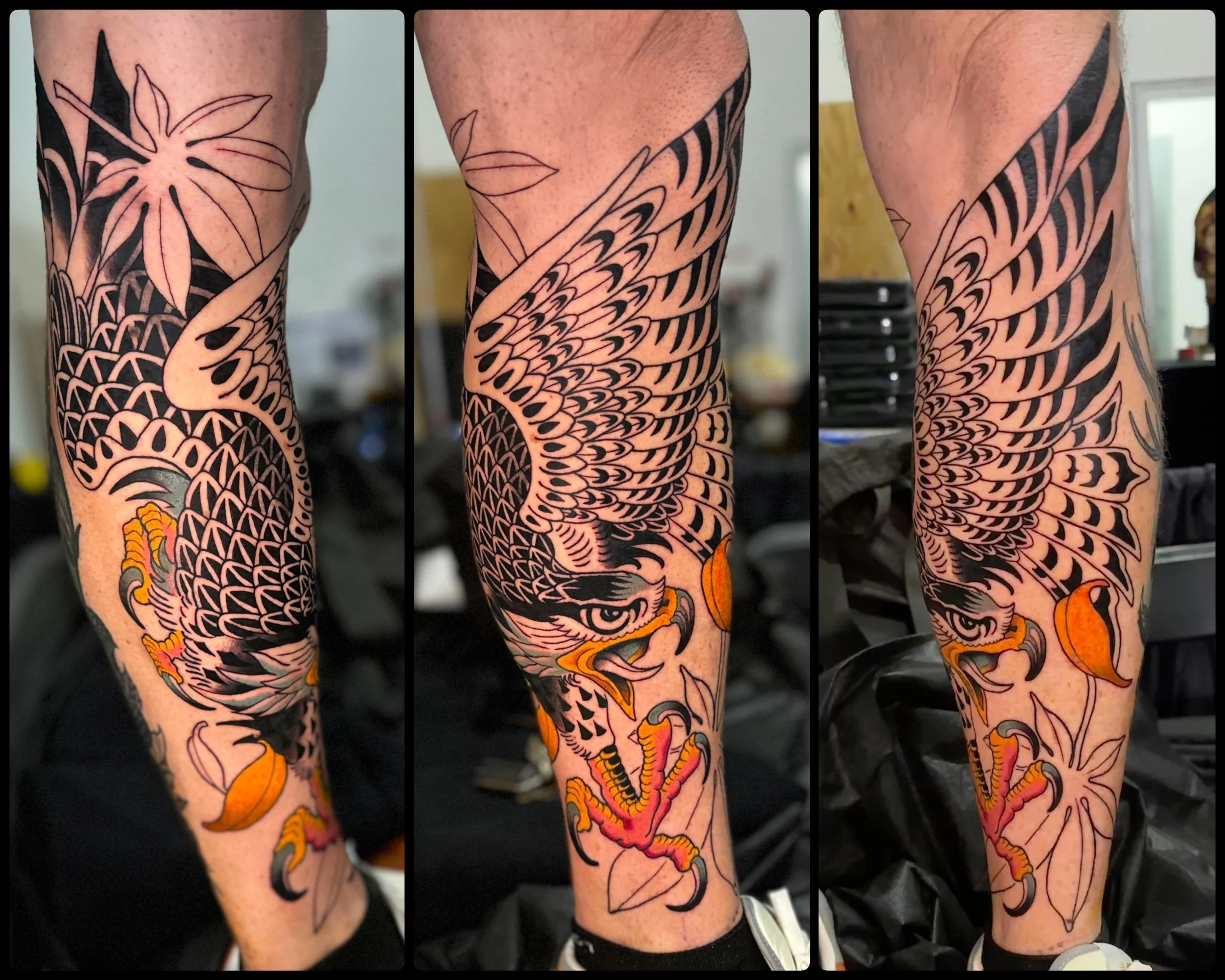 Neotraditional Hawk Tattoo Leg Sleeve in progress..