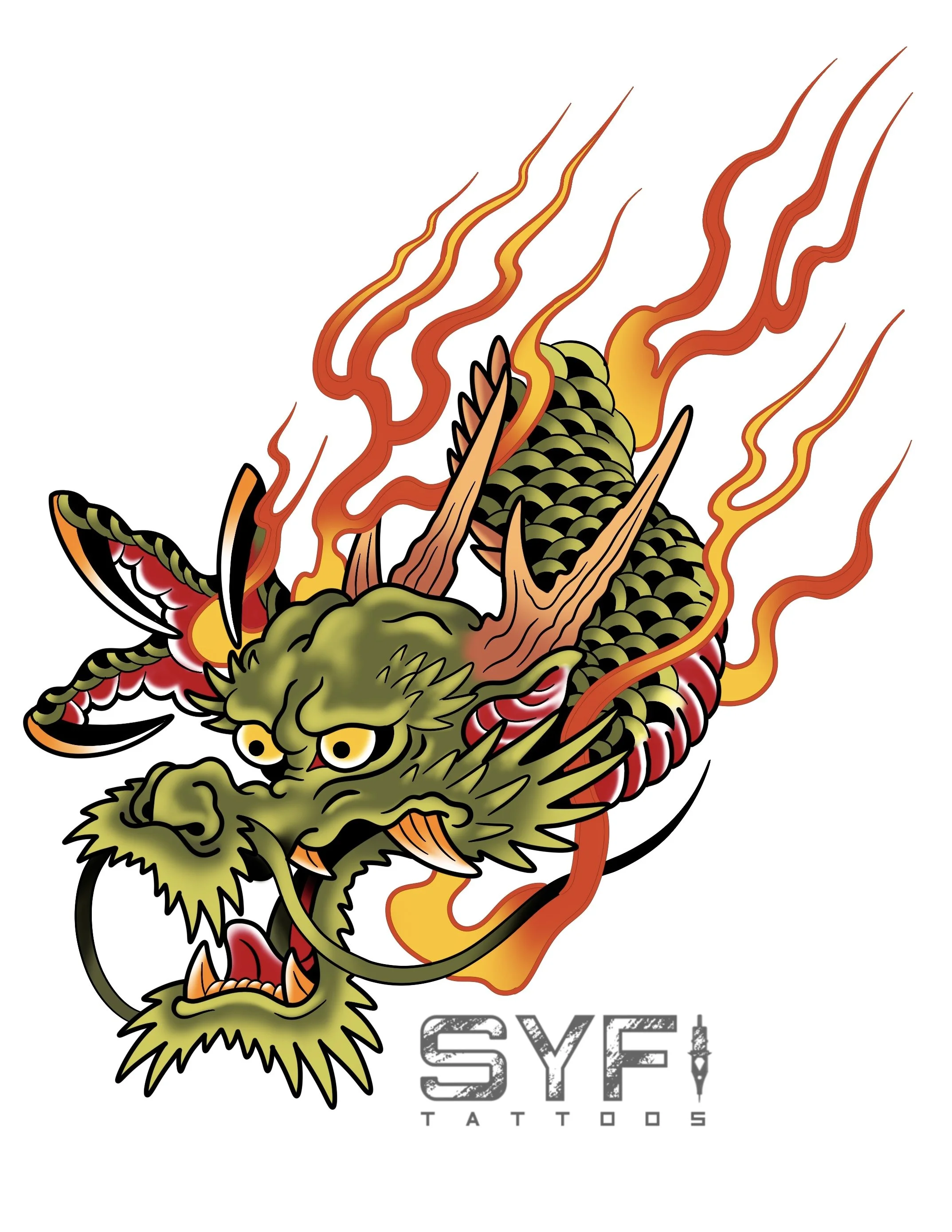 Traditional Japanese dragon head tattoo flash design NYC