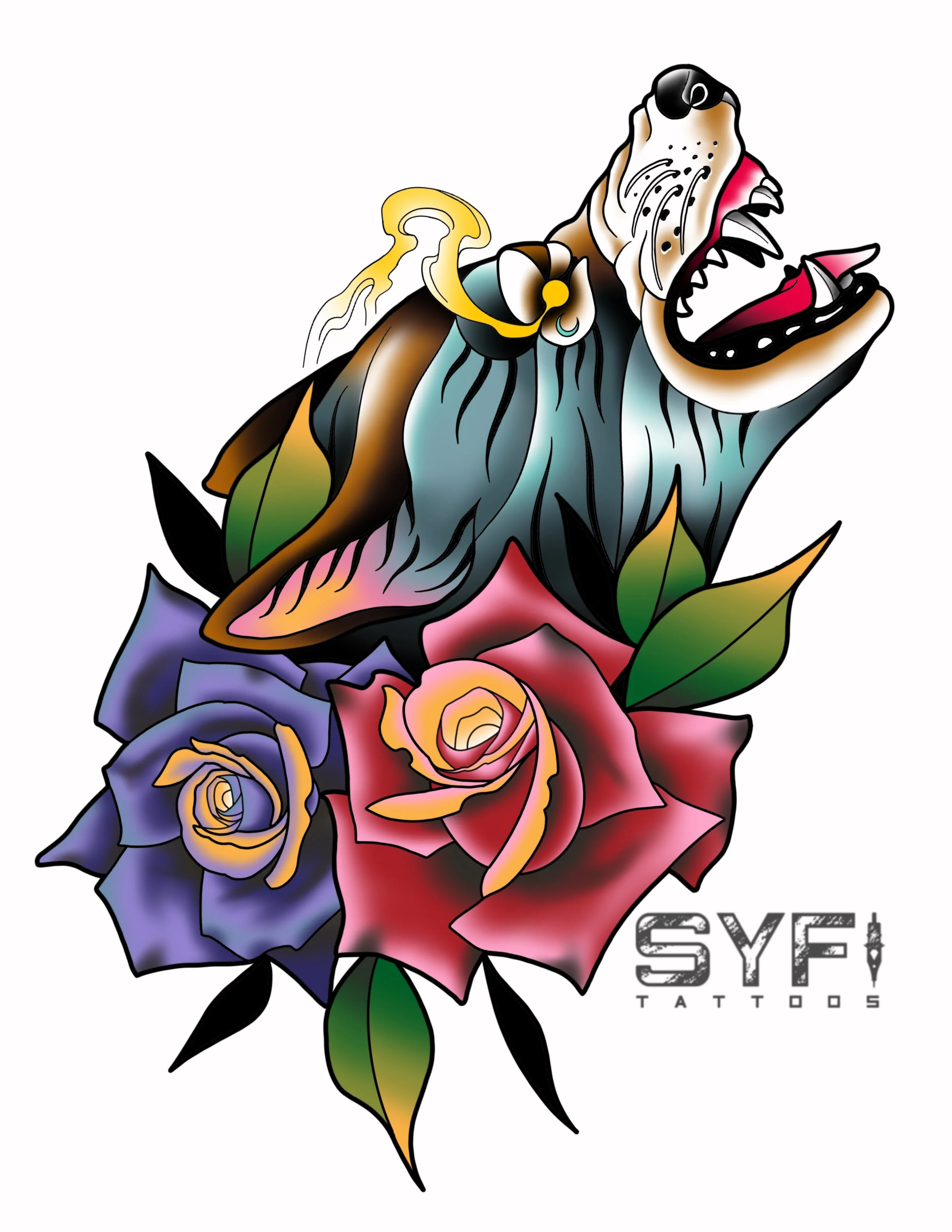 Traditional wolf head roses tattoo flash design 
