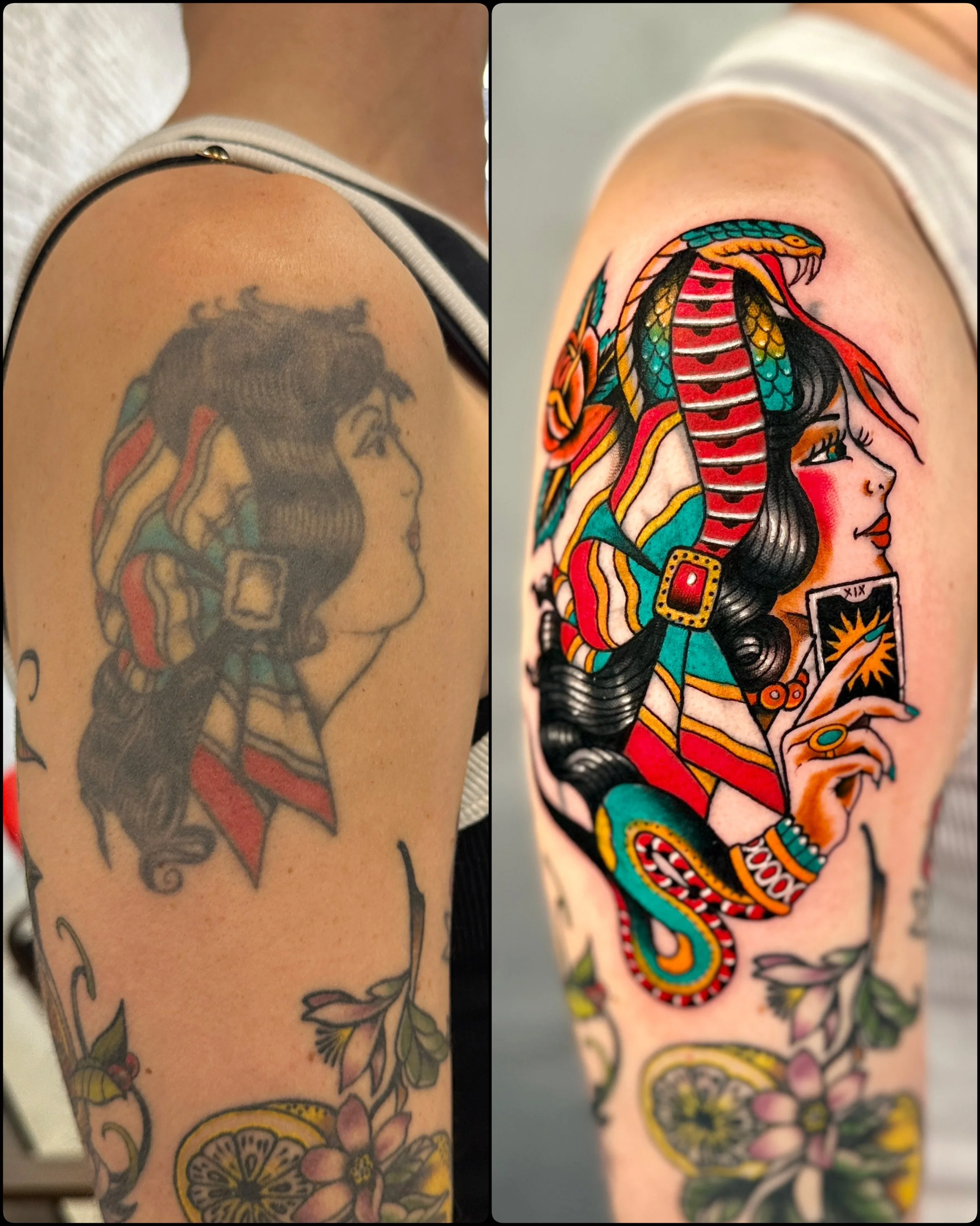 Traditional Gypsy Lady tattoo, Rework/Cover-up
