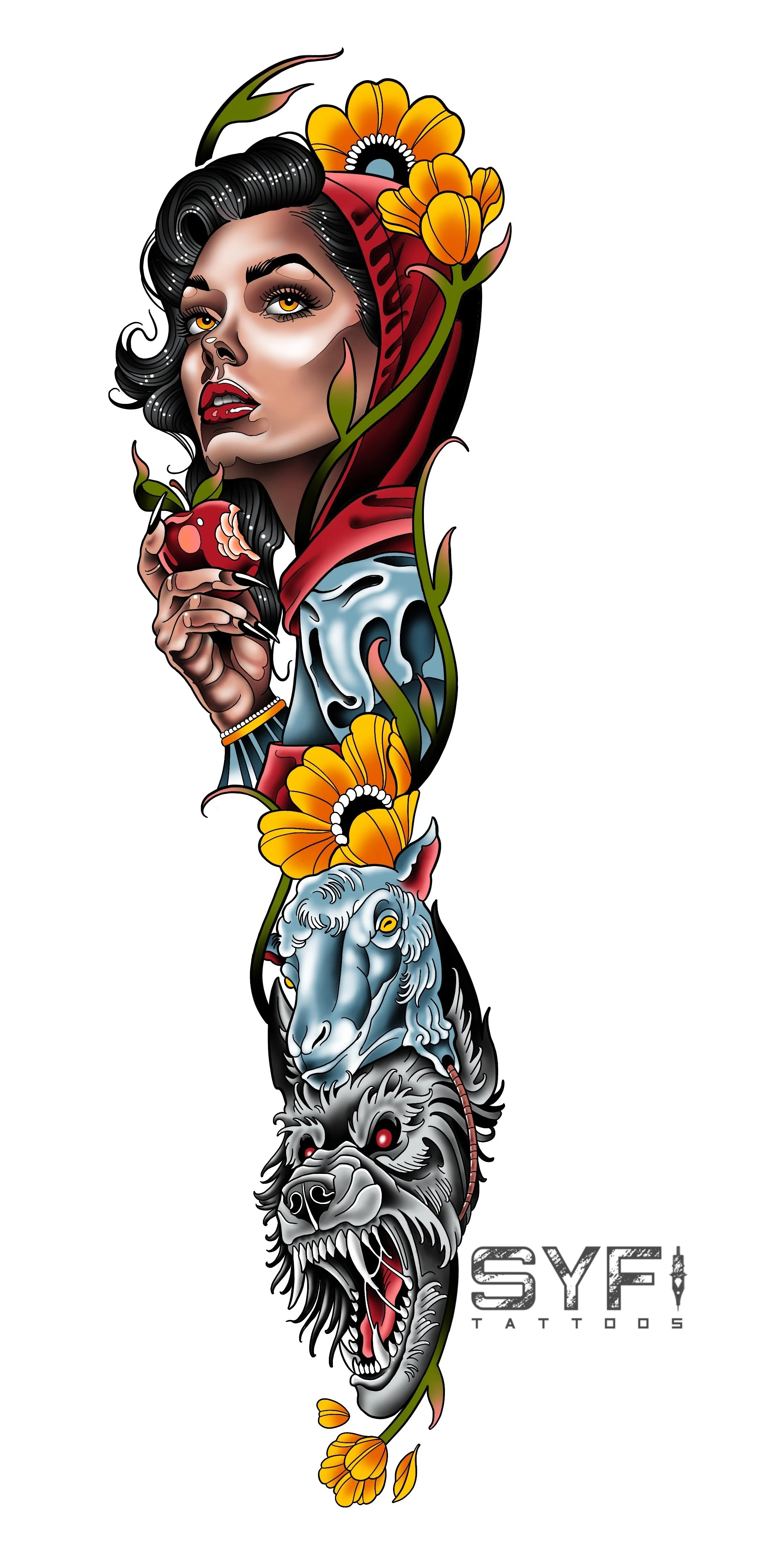 Neotraditional lady Little red riding hood tattoo design NYC