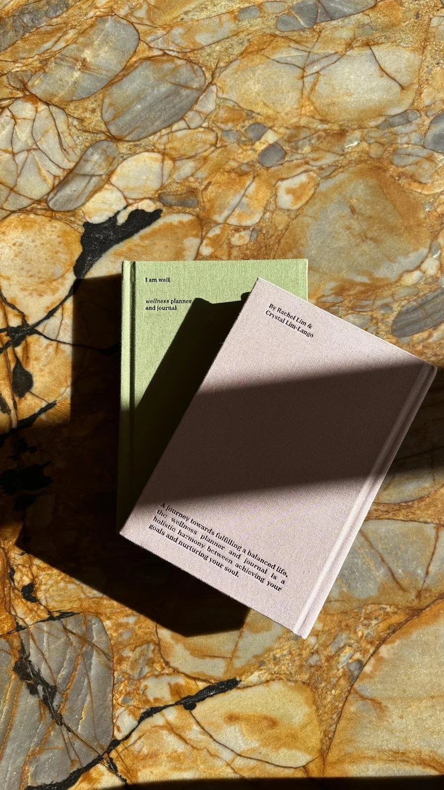 Two closed books, one with a light green cover and the other with a light pink cover, placed on a polished marble surface with brown, beige, and gray tones. The pink book is casting a shadow over the green book.