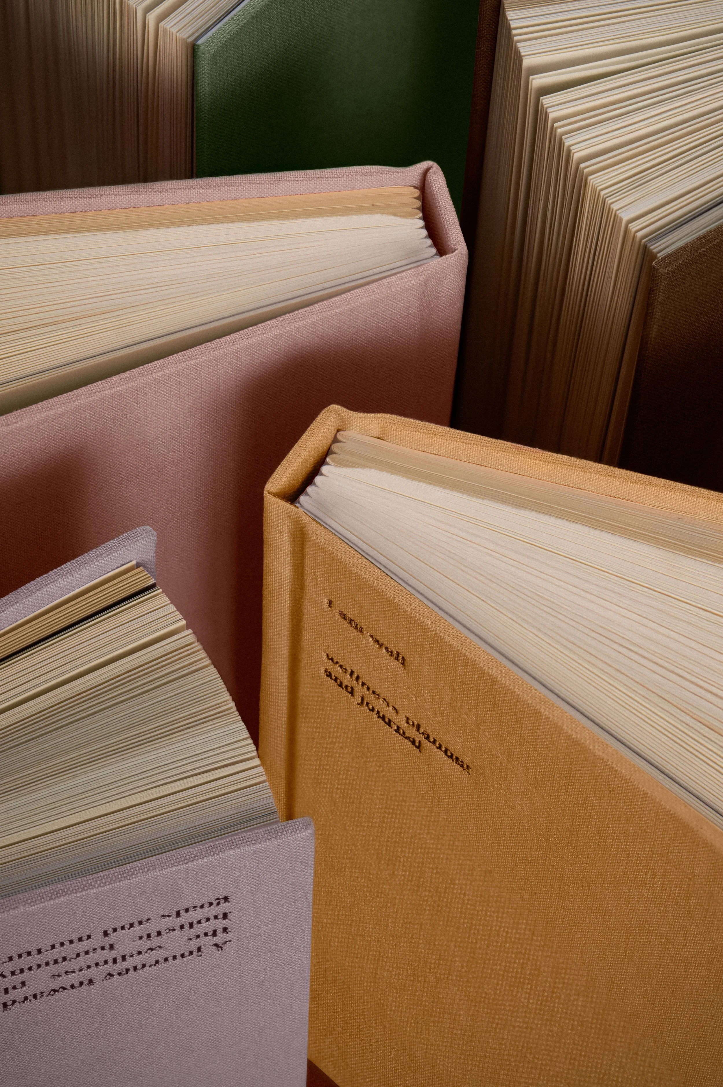 Close-up of colorful hardcover books with visible pages, stacked upright.