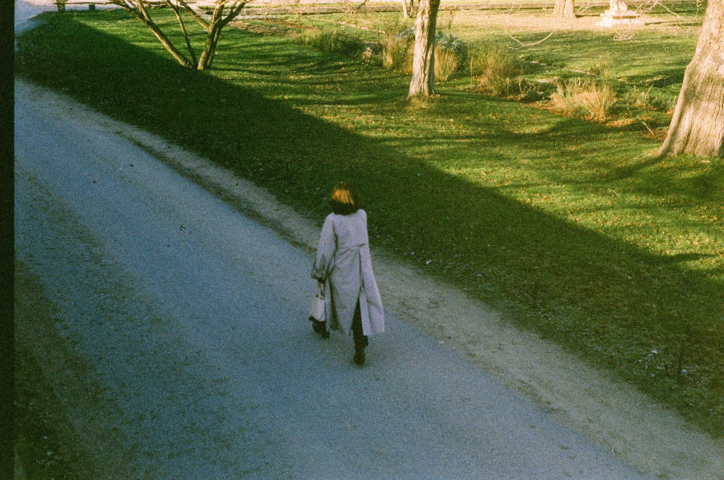 A person walking alone along a park path in low sunlight