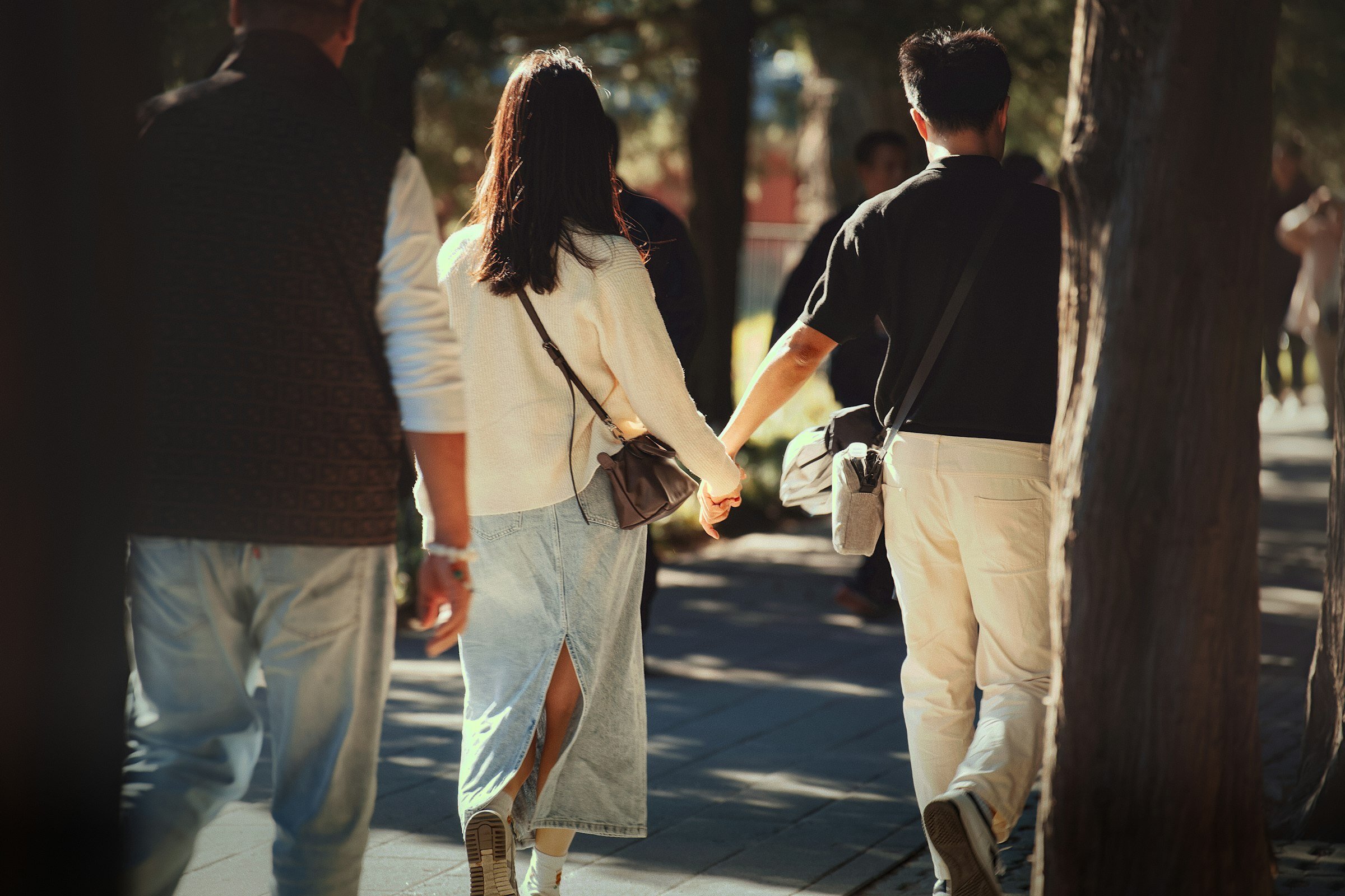 Two people walking hand in hand along a sunlit path, seen from behind