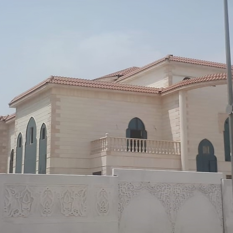 Large house with arched windows and ornate wall in front