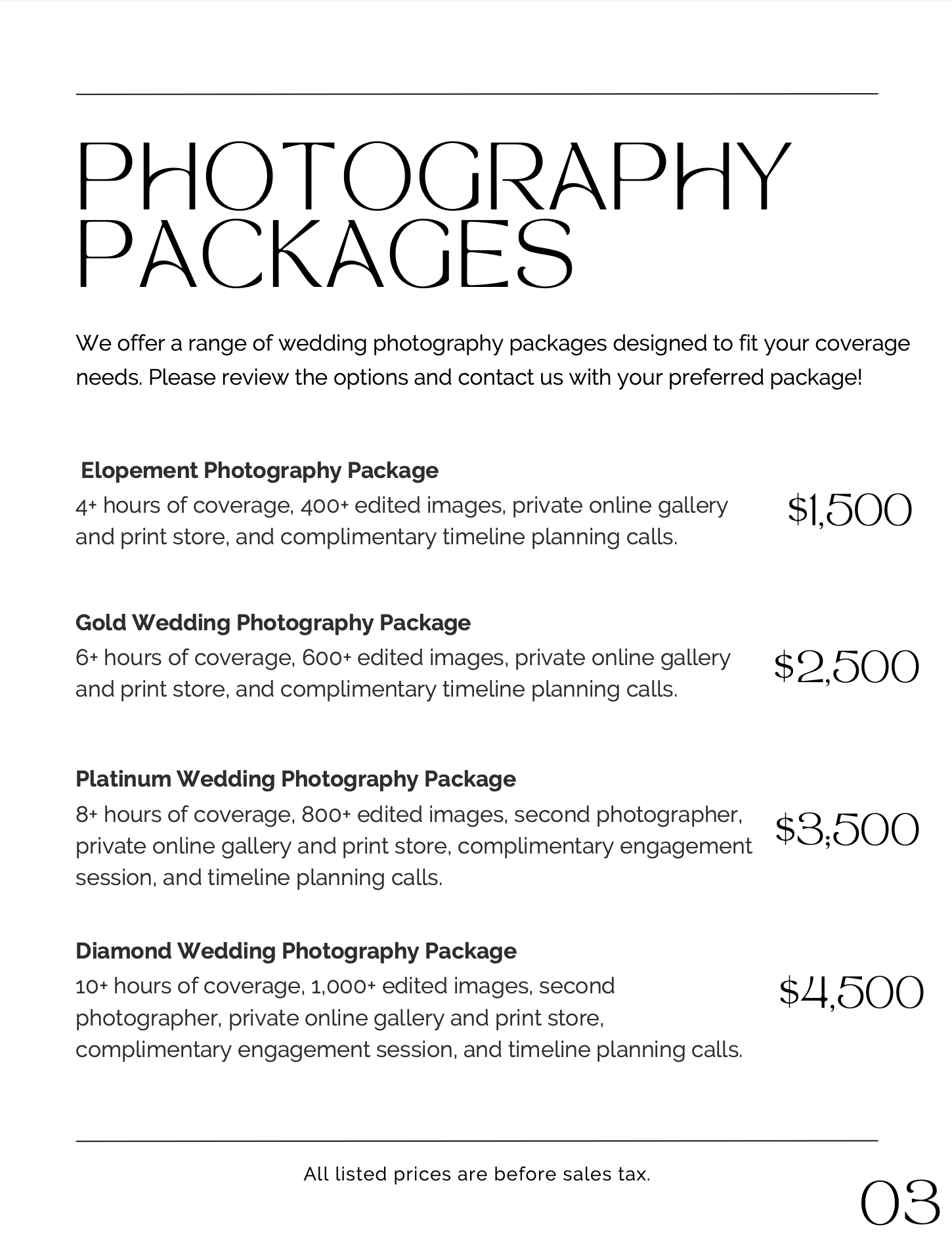 A page listing different wedding photography packages with descriptions and prices, ranging from $1,500 to $4,500. The packages include coverage hours, number of edited images, online galleries, print stores, and complimentary planning calls.