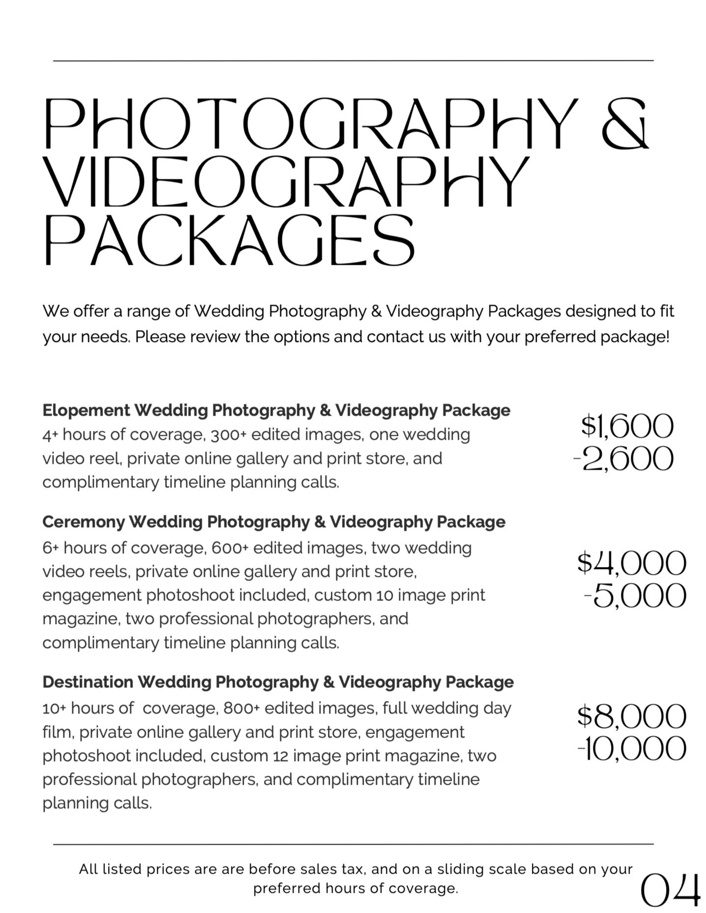 Wedding photography and videography packages menu with four different package options and prices.