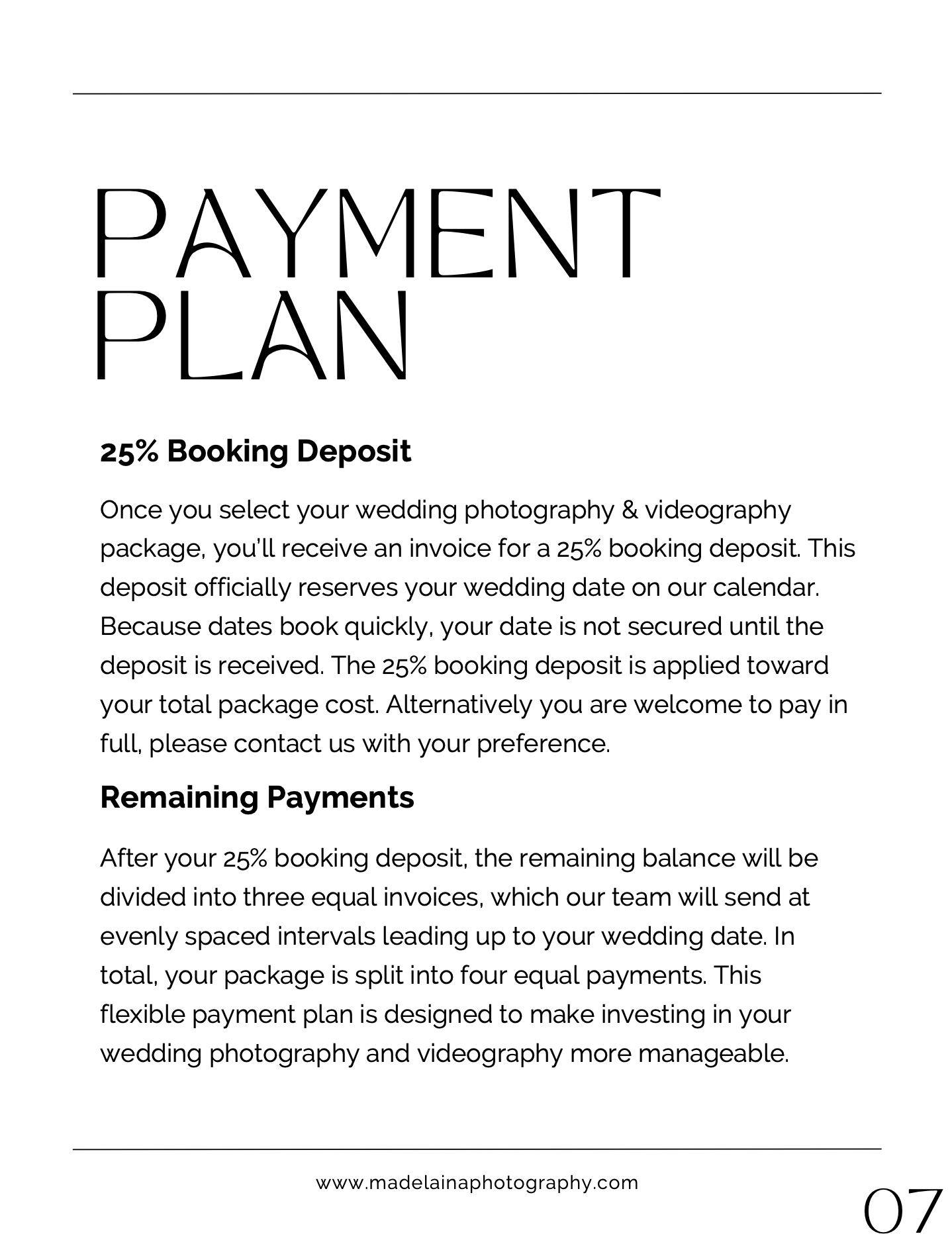 Wedding photography payment plan details, including 25% booking deposit and remaining payments schedule, with website link and page number 07.