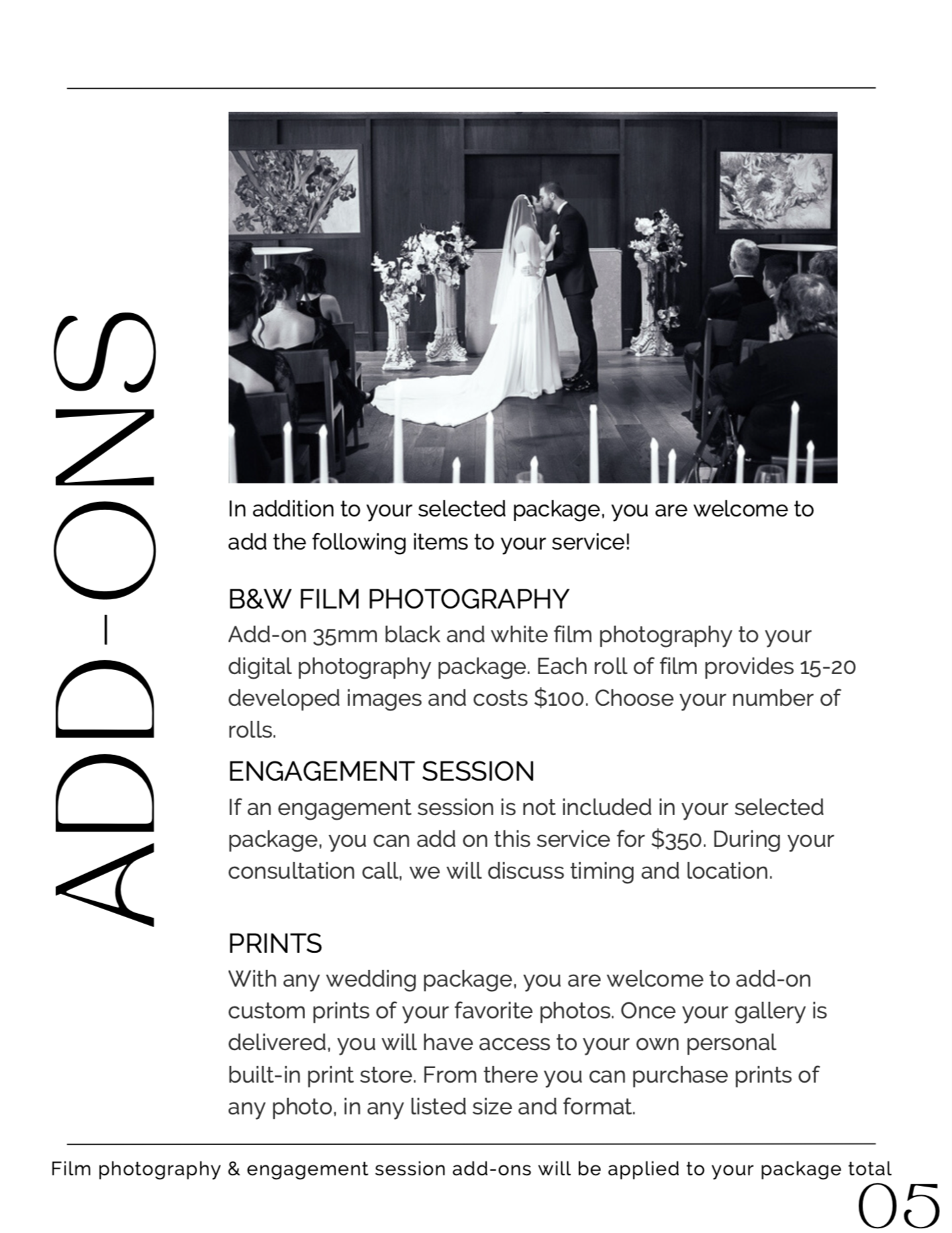 Wedding ceremony with bride and groom kissing at an altar, seated guests, floral arrangements, and artwork on dark wood-paneled walls.