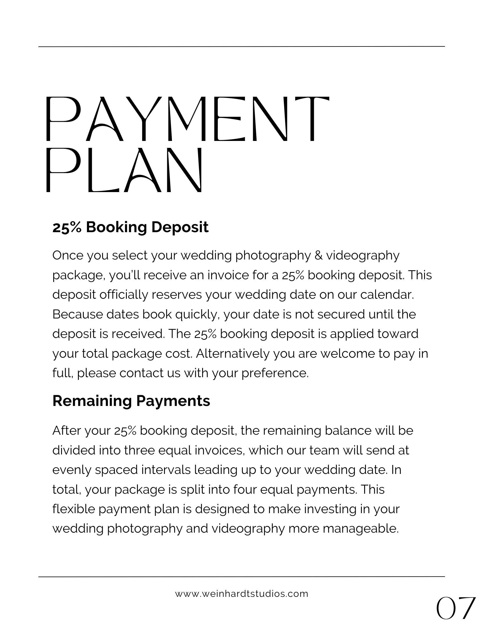 A wedding planning document outlining payment terms, including a 25% booking deposit, payment schedule, and contact information for Weinhardt Studios.