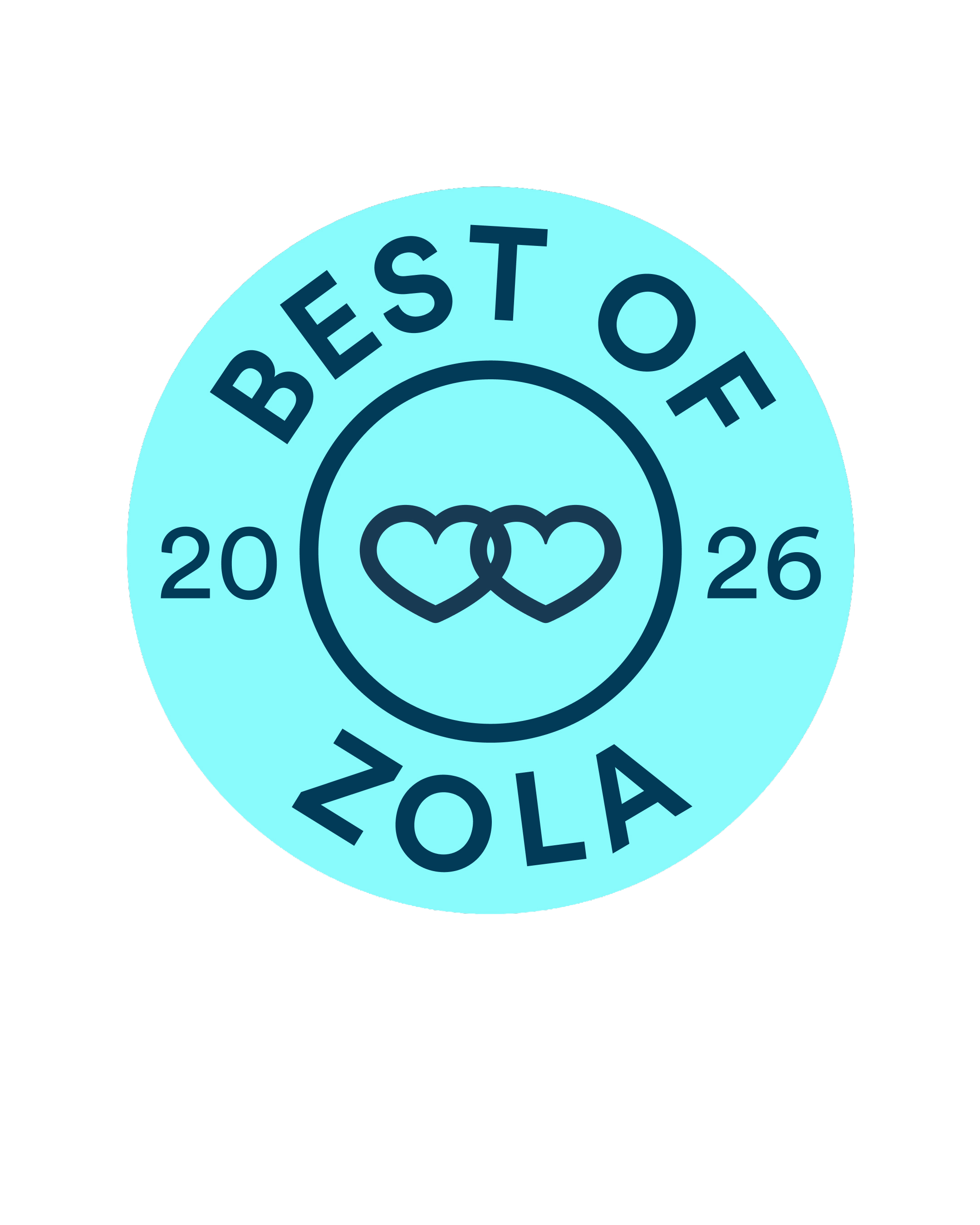 A circular badge with a light blue background that reads 'Best of Zola 2026.' In the center, there are two intertwined hearts outlined in dark blue.