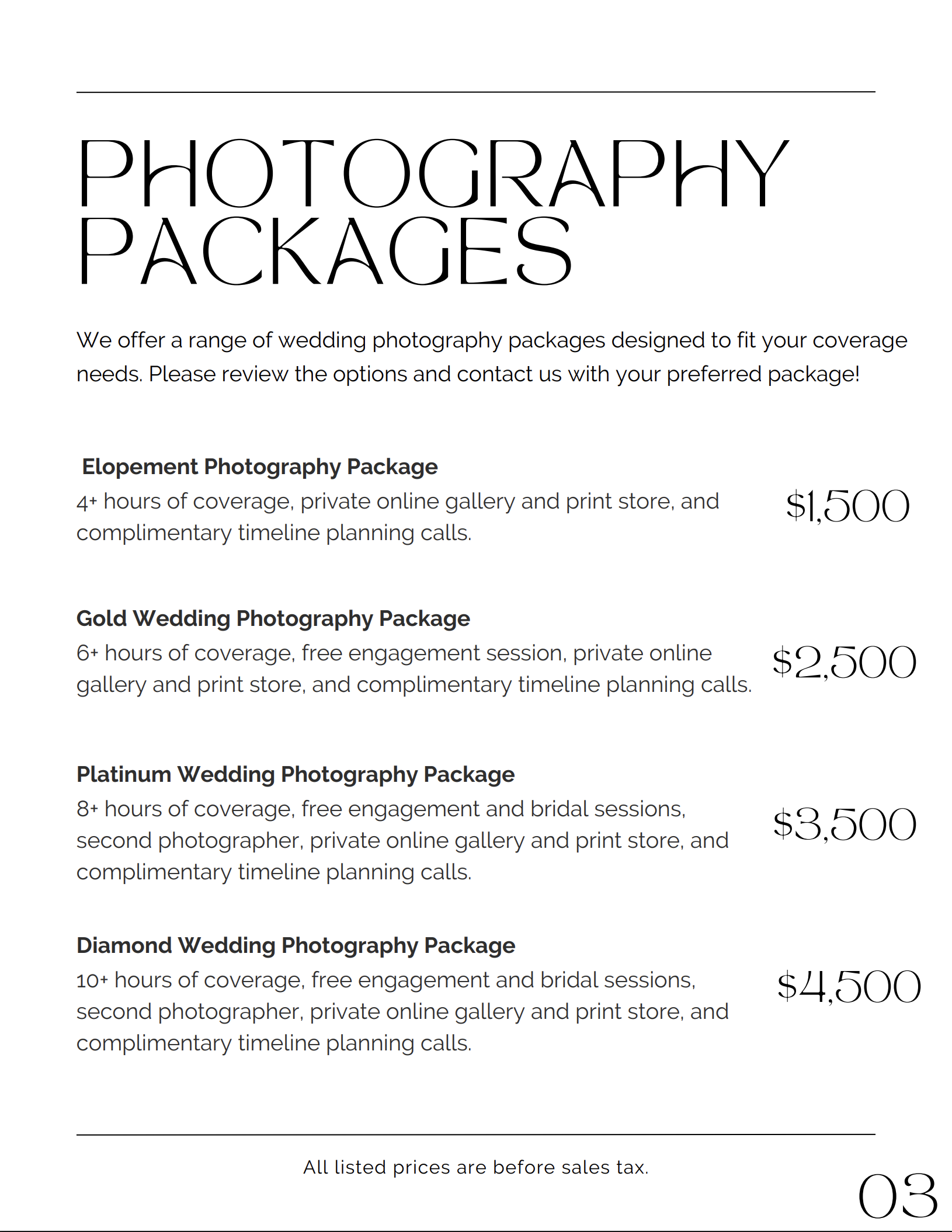 Wedding photography packages list with different options and prices, such as Elopement, Gold, Platinum, and Diamond, each with hours of coverage, services included, and costs.