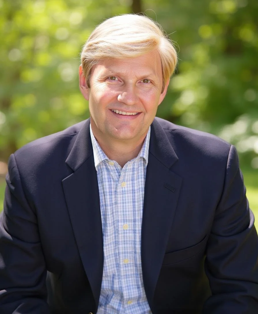 An Alderman running for Mayor of Lake Geneva, WI,  wearing a dark suit and a light blue shirt, in one of the most desirable lifestyle communities in the United States.