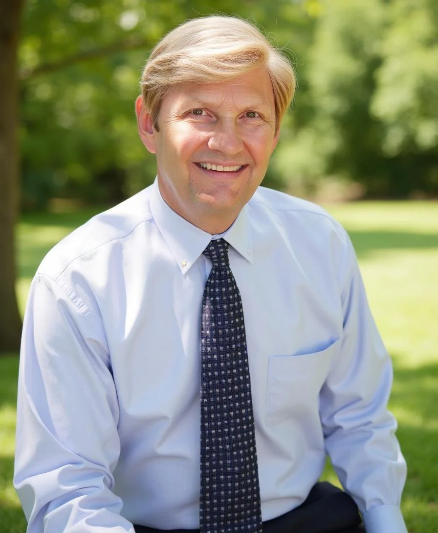 A City of Lake Geneva, WI alderman in a white dress shirt and dark patterned tie outdoors with green trees and grass in the background.
