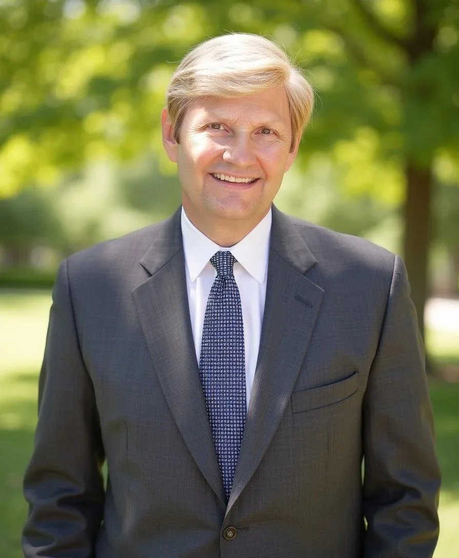 A Mayor candidate in a dark suit and patterned tie standing outdoors with green trees and grass in the background.