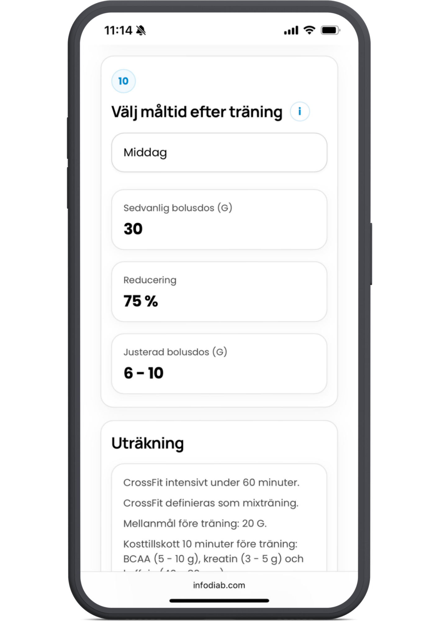 9. Välj måltid efter träning. Du får en justerad bolusdos för att minska risken för lågt blodsocker