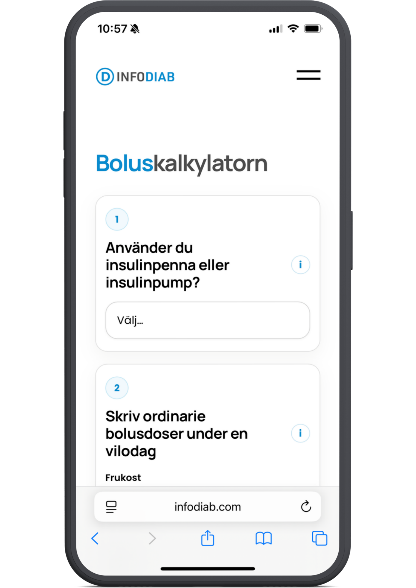 Smartphone som visar webbappen Boluskalkylatorn på www.infodiab.com. Appen hjälper personer med typ 1 diabetes att justera bolusdoser vid träning.