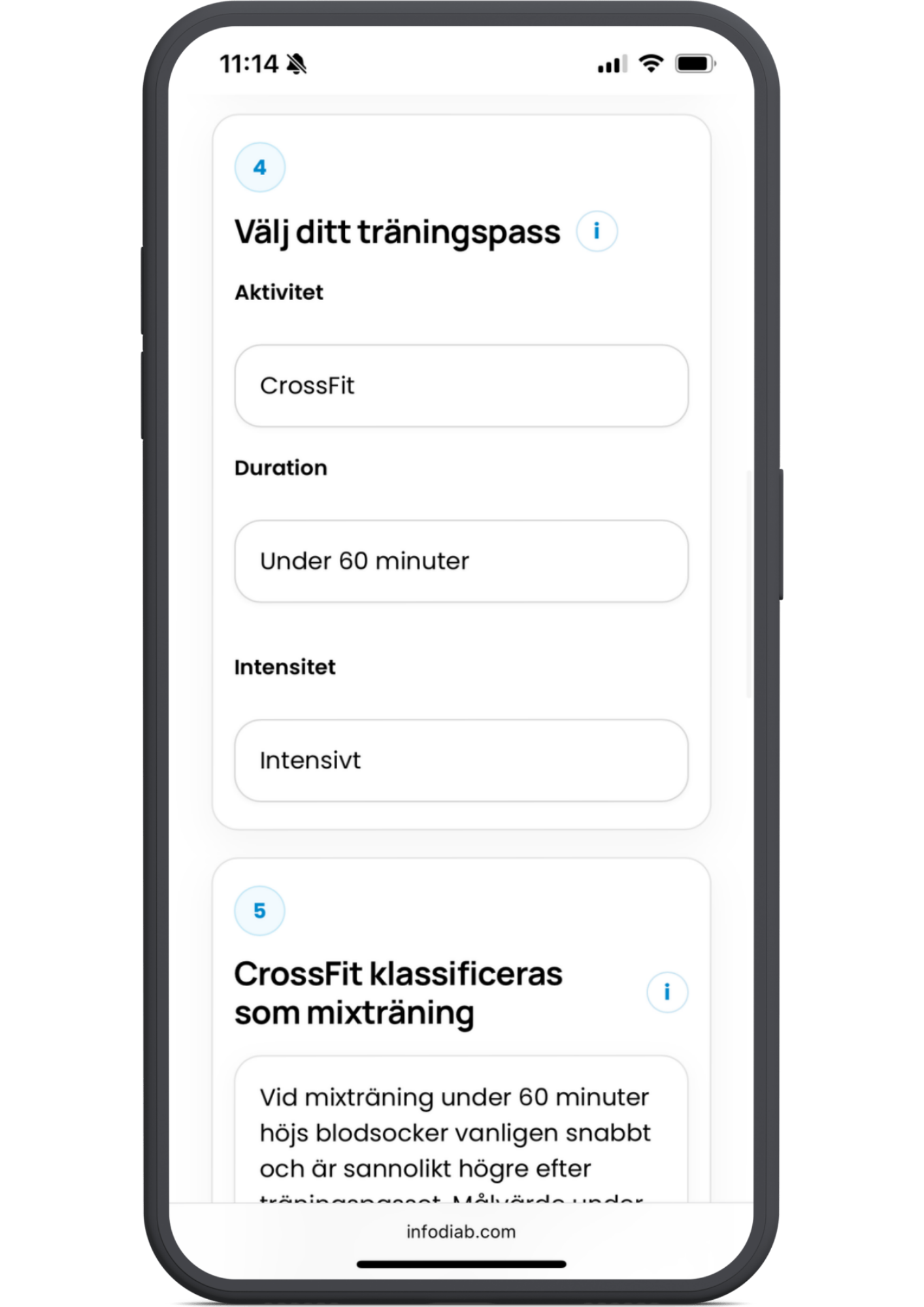 4. Välj aktivitet, intensitet och duration. Det avgör hur blodsocker och insulinbehov sannolikt påverkas. 