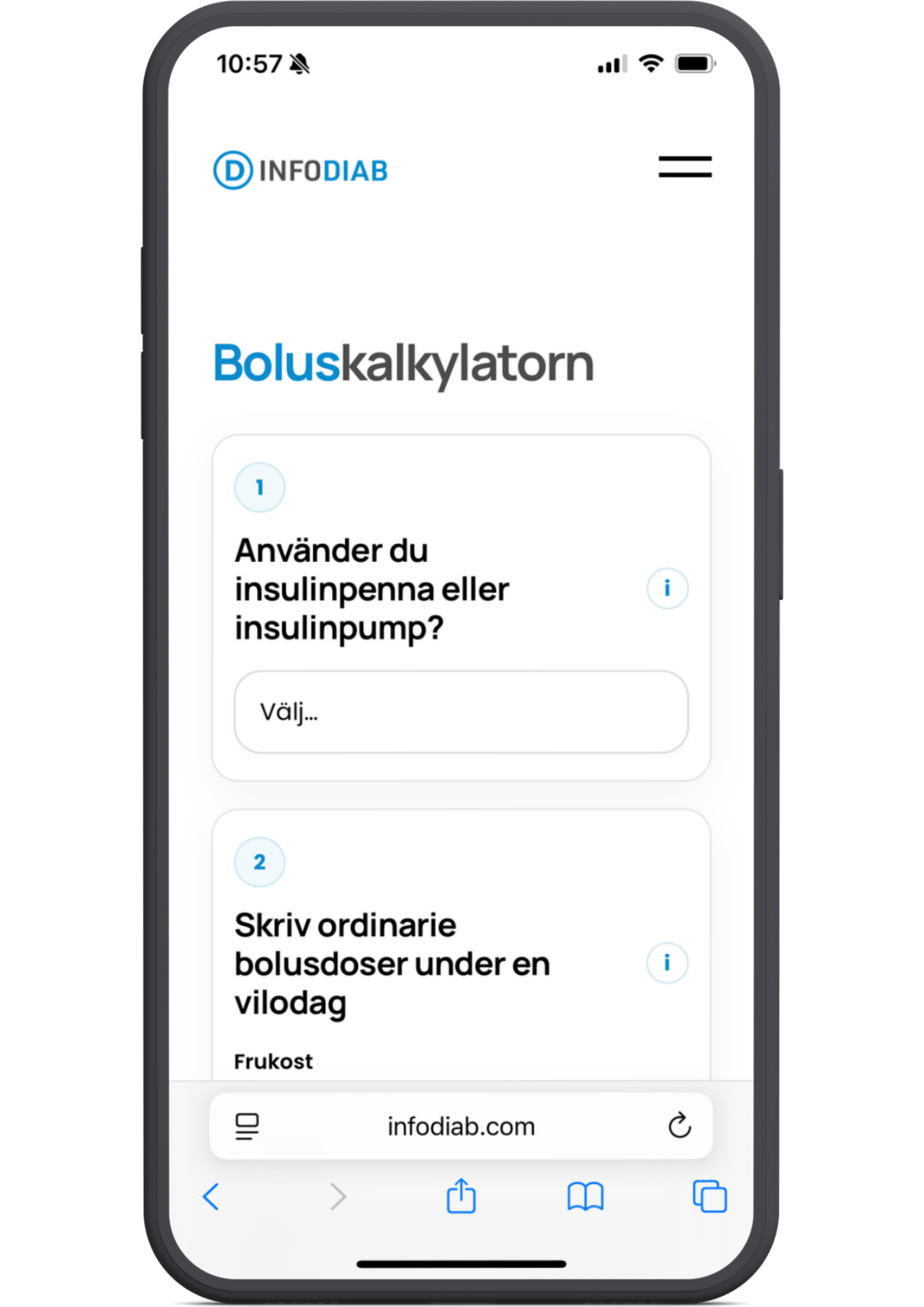 Smartphone som visar webbappen Boluskalkylatorn på www.infodiab.com. Appen hjälper personer med typ 1 diabetes att justera bolusdoser vid träning.