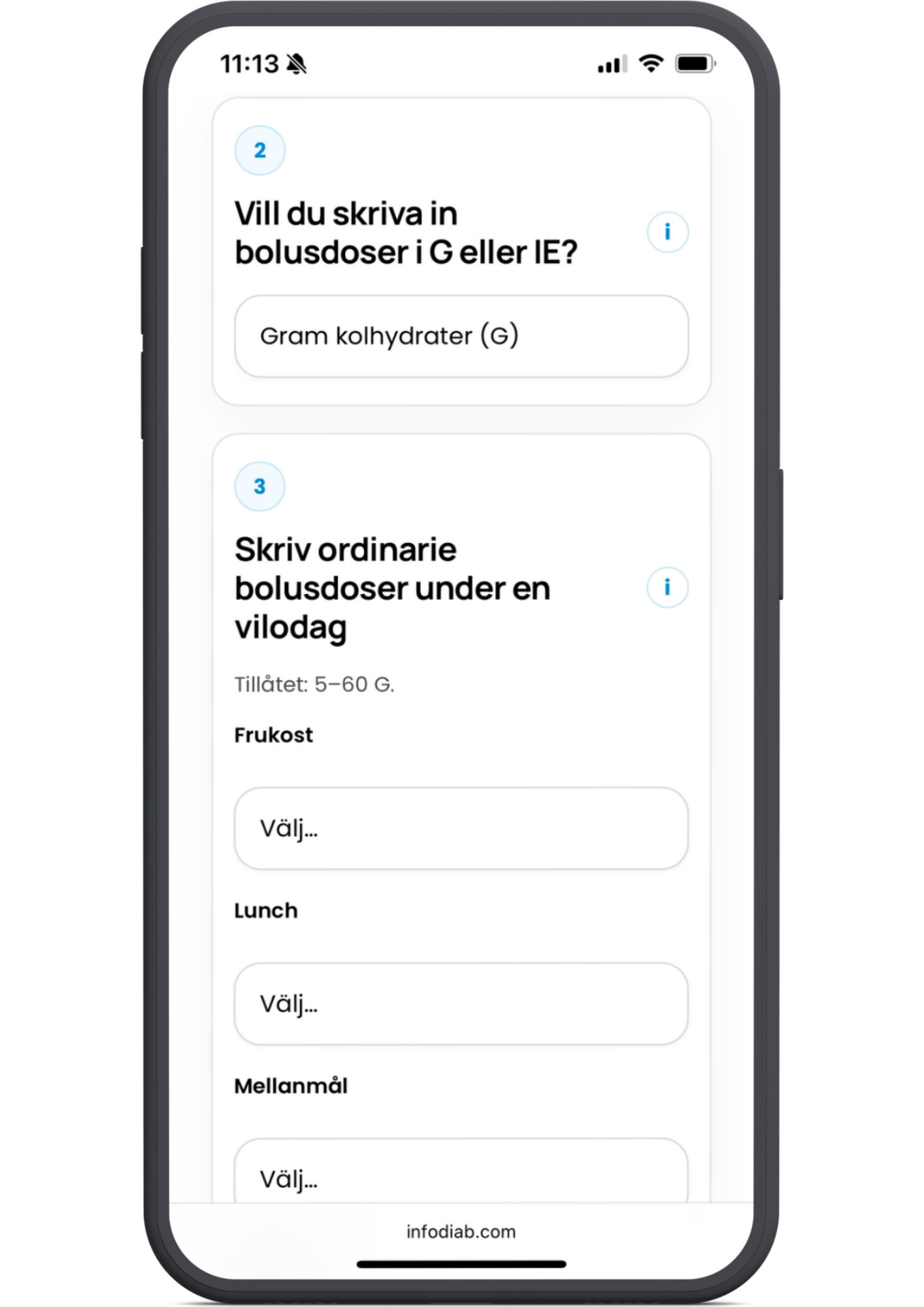 2. Om du använder pump, välj om du anger doser i gram kolhydrater (G) eller internationella enheter (IE).