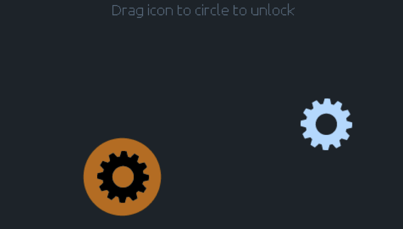 Screenshot of a mobile app screen with gears, one brown and one white, and a message 'Drag icon to circle to unlock' at the top.