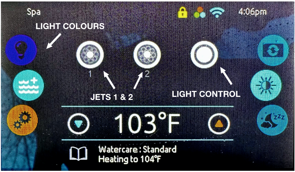 Spa control panel screen showing light colors, jets 1 & 2, light control, current temperature 103°F, and watercare standard with heating to 104°F.