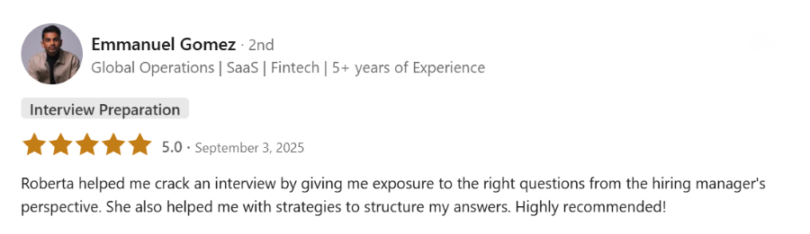 Client review praising Roberta Basili for interview preparation help, mentioning her support with questions and strategies, and recommending her highly.