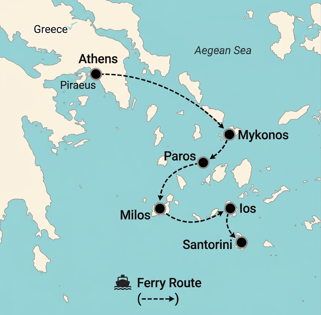 Greece island travel route map from Athens to Mykonos, Paros, Milos, Ios and Santorini