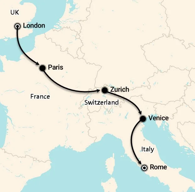 Map of the Europe Express route from London through Paris, Zurich and Venice to Rome