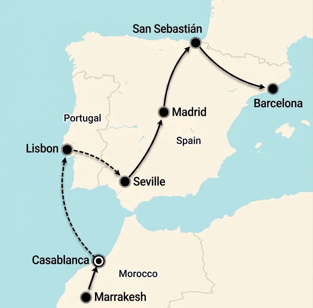 Travel route from Casablanca to Barcelona via Marrakesh, Lisbon, Seville, Madrid and San Sebastián, combining train journeys and flights across Spain, Portugal and Morocco.