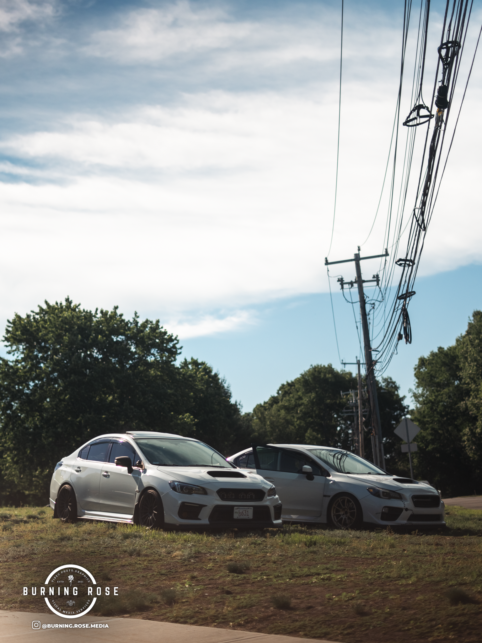 Two white cars parked on a grassy area with trees and a utility pole with power lines in the background under a partly cloudy sky.